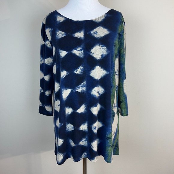 Clara Sun Woo Top Small Blue Green Gray Artsy Pattern Jersey Stretch 3/4 Sleeve - Picture 10 of 10